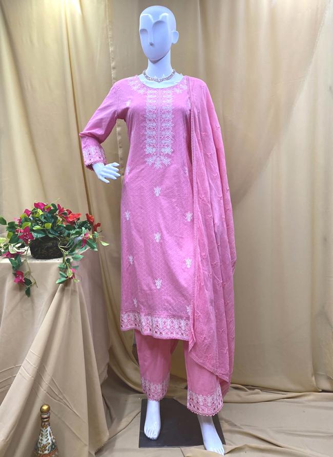 Cotton Pink Traditional Wear Thread Work Readymade Salwaar Suit